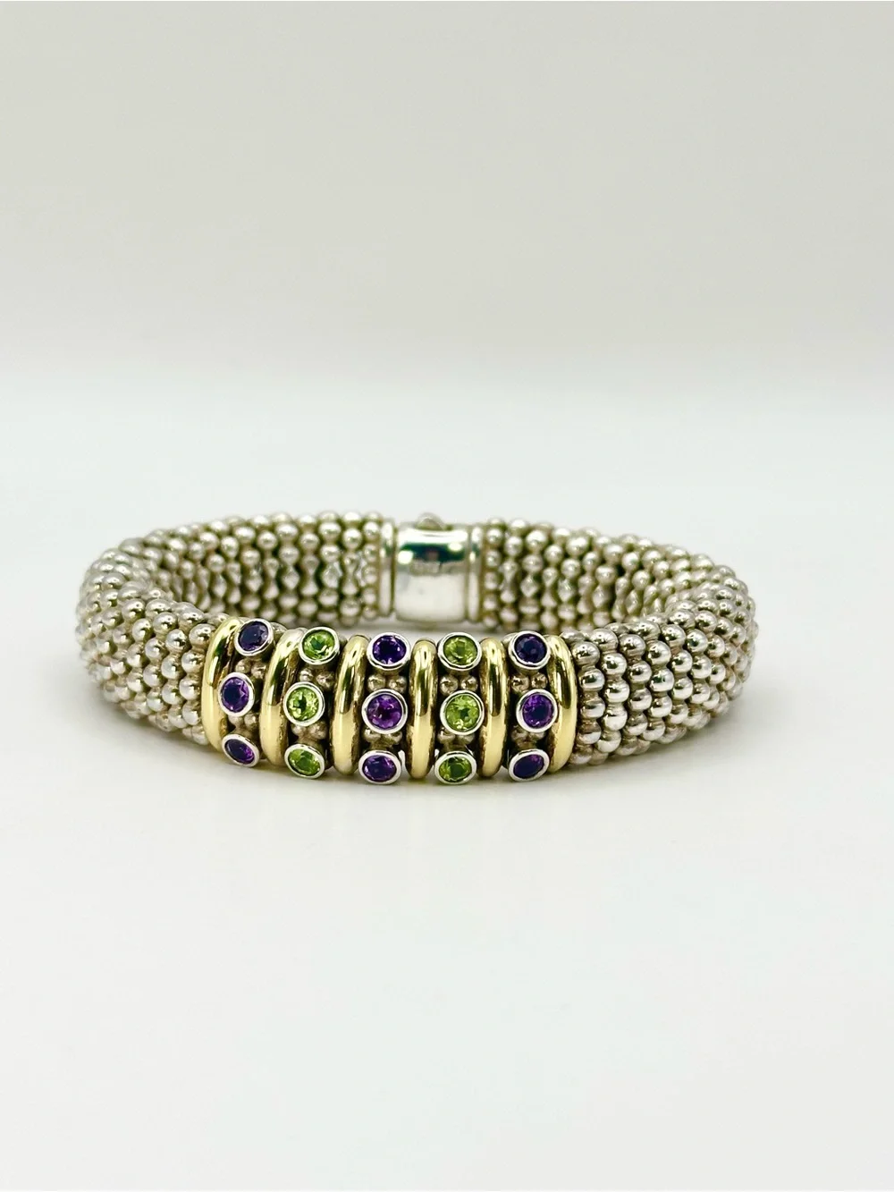 Lagos Caviar Amethyst, Peridot Gemstone Two Tone Central Station Bracelet
